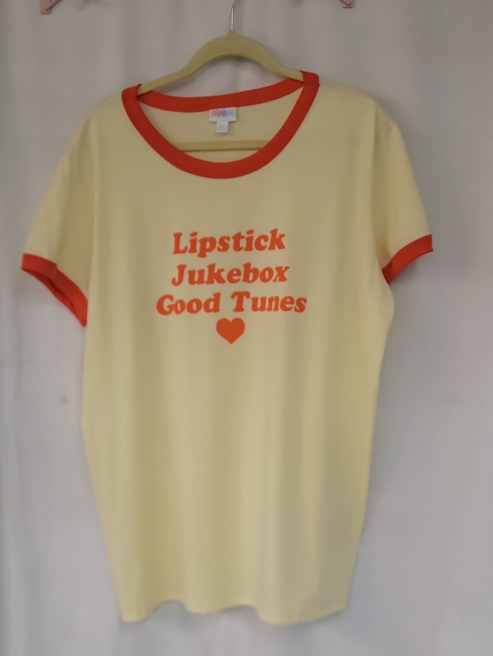 LuLaRoe Yellow Tee with Orange Ringer and Graphic